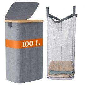 JOLLYIN Laundry Baskest with Lid, 100L Large Tall Laundry Hamper with Removable Bag, Collapsible Laundry Hamper for Bedroom, Bathroom, Dorm, Laundry Room, Grey