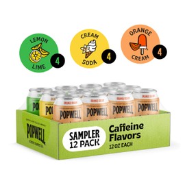 Popwell Caffeinated Variety Pack Better-For-You Prebiotic Soda, with 6g Fiber, 1g Sugar, Vitamins and Immunity Support, 12 fl oz, 12 count (Orange Cream, Lemon Lime, Cream Soda)