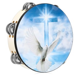 Fiada Dove Tambourines for Adults Church Christian Dance Tambourine Cross Double Row Jingle Bible Hand Bell Drum for Church Pray Party Percussion Musical Instrument Hand Bell Clap Drum(10 Inch)