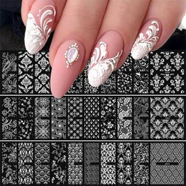 30 Sheets Lace Nail Art Stickers Decals 3D Self-Adhesive White Nail Decals Retro Flower Designs Nail Supplies Summer Nail Decoration DIY Nails Accessories for Women