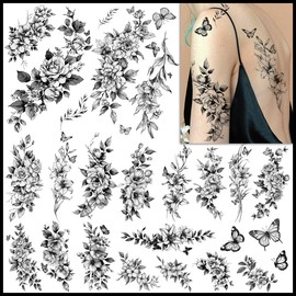 CHARLNET Realistic Temporary Flower Tattoos for Women - 9 Large Leaves Flower and Rose Tattoos for Women, Body Art, Arms, Chest, Legs, Shoulders