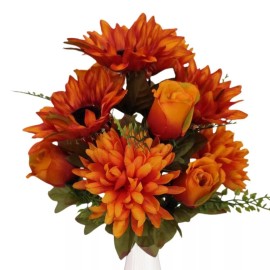 Unbranded 16" Orange Artificial Mixed Mum, Sunflower & Rose Floral Bush