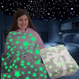 FiNeWaY Glow in The Dark Throw Blanket Flannel Moon Star Unicorn Gifts for Kids Girls Boys Adults Bedroom Cosy Warm Super Soft Plush Fleece Faux Fur (Stars Grey)