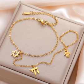 Dreamtimes Finger Ring Bracelet Star of David Bracelet Chai Hebrew Bracelets for Women Stainless Steel Hamsa Hand Bracelets Jewish Religious Jewelry (Style 3-G)