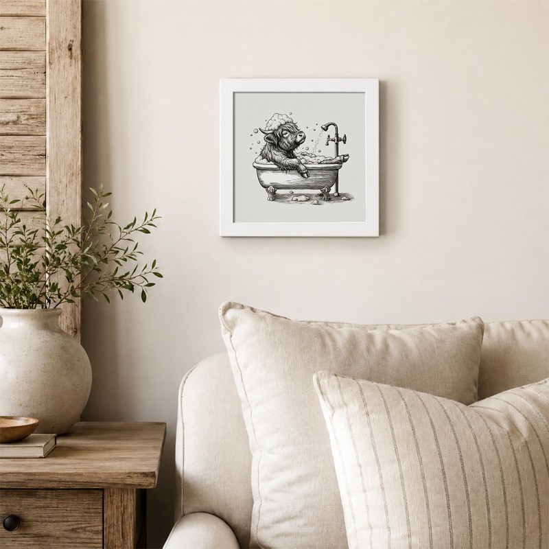 Funny Highland Cow Bathroom Wall Art Decor, 7x7 Inch