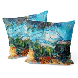 Berkin Arts Decorative Square Throw Pillow Covers Farmhouse Cushion Cases Designed of Art Landscape, Polyester Blend. Pack of 2, 18x18 Inch. Watercolor for Couch (Mount Sainte Victoire by Cezanne)