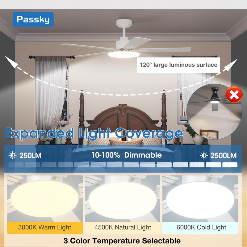 Passky Ceiling Fans with Lights, 52 inch Sleek Ceiling Fan