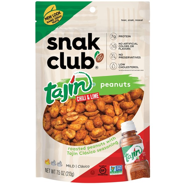 Snak Club Tajin Chili & Lime Peanuts, 7.5 Ounce (Pack of 6)