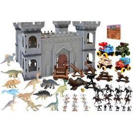 KARUIQIQI Castle Toy Medival Army Men Playset - Large Set Including Knight Action Figures, Horses，Dinosaurs,Dinosaur Cars, Soldiers ,Castle ,Chariot & Accessorie Toys for Boys Age 3+