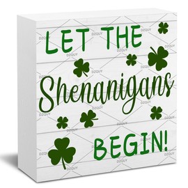 Shenanigans St. Patricks Day Decorations, DZQUY Irish Decor, Home Living Room Kitchen Desk Table Shelf Wood Block Plaque Box Sign 5.1x5.1 inch
