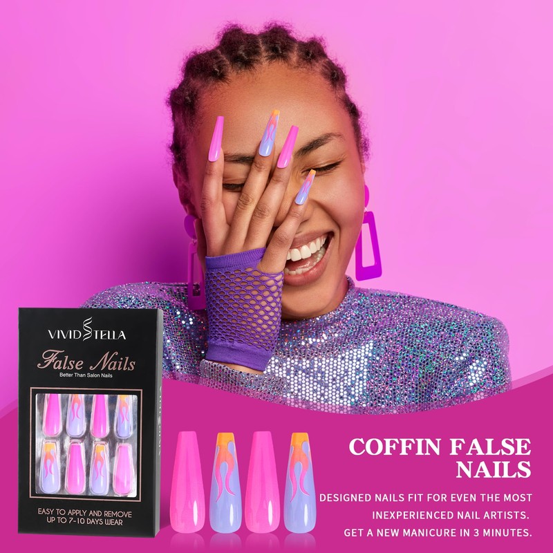 French Coffin Nails Fire Flames Shiny Fake Nails Wildfire Fluorescent