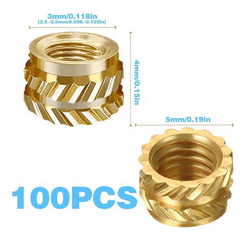 100Pcs M3 Threaded Insert, M3 Heat Set Inserts Brass Nuts
