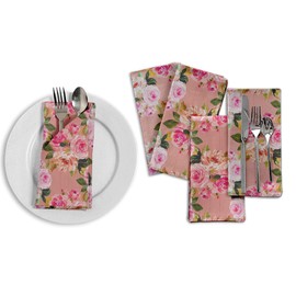 S4Sassy Pink Stripe & Ranunculus Floral Cotton Napkin Printed Everyday Basic Washable Table Linen 18 x 18(Pack of 6)