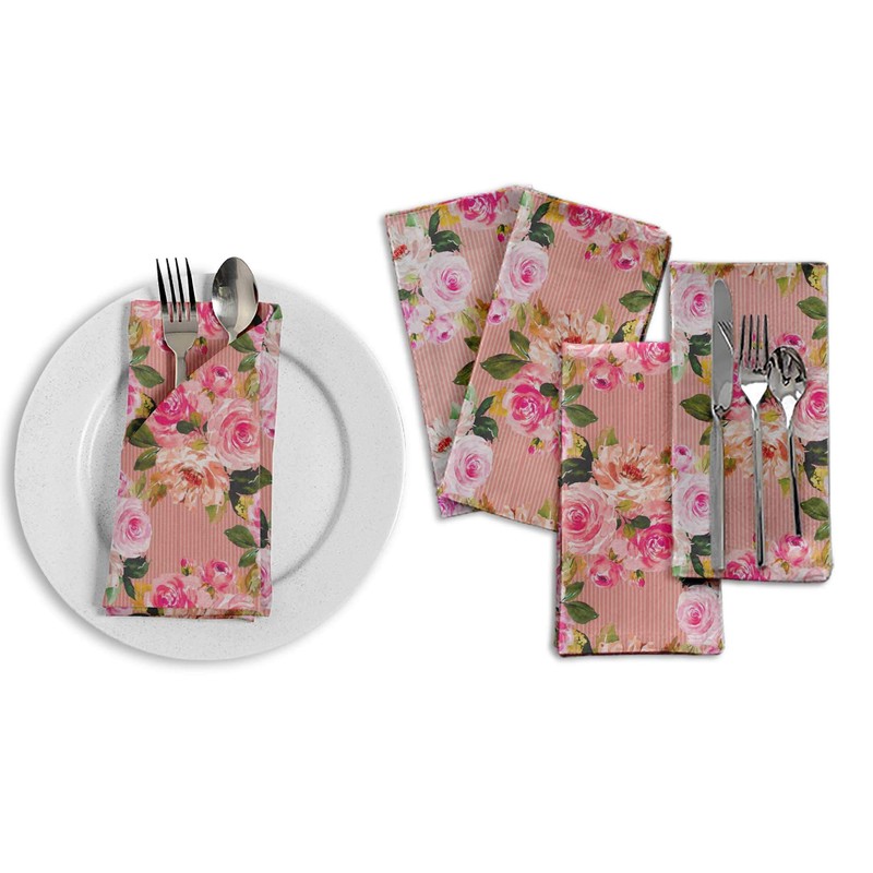 S4Sassy Pink Stripe & Ranunculus Floral Cotton Napkin Printed Everyday