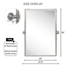 TEHOME 28.5 x 36 inch Brushed Nickel Metal Framed Pivot Rectangle Bathroom Mirror in Stainless Steel Tilting Beveled Vanity Mirrors for Wall