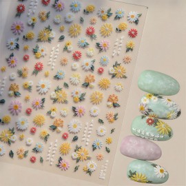 Colorful Flowers Nail Stickers 5D Self-Adhesive Embroidered Daisy Floral Design Decals Spring Daisy Flowers Nail Art Charms for Women DIY Decorations Exquisite Cardboard 1Sheets Set