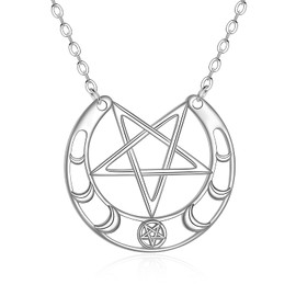 URONE Moon Phase Necklace Sterling Silver Half Moon Pentagram Celestial Necklace Pagan Wiccan Jewellery For Women Her, Sterling Silver, No Gemstone