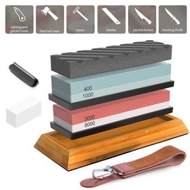 Knife Sharpening Stone Set, Whetstone，Knife Sharpener Stone Set 4 Side Grit 400/1000 3000/8000, Professional Include Non-Slip Bamboo Base, Leather Strop, Flattening Stone & Angle Guide kitchen sharpener angle guide