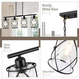 Osimir 4-Light Kitchen Island Lighting, Modern Black Dining Room Light Fixtures with Clear Glass, Farmhouse Industrial Linear Chandelier Pendant Light with Adjustable Chain, CH9176BK-4IS