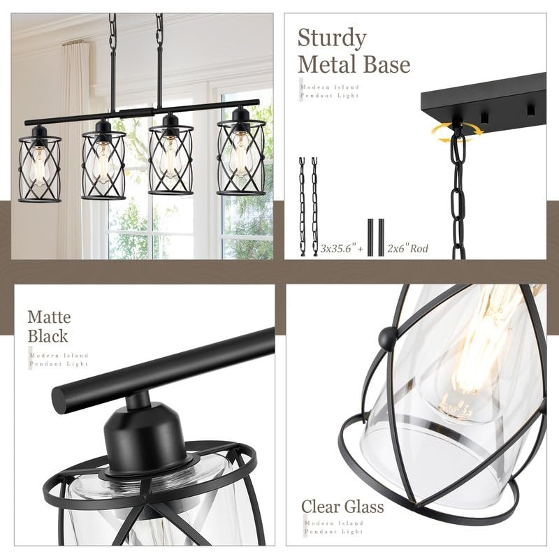 Osimir 4-Light Kitchen Island Lighting, Modern Black Dining Room Light