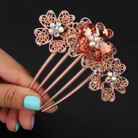 Chargances Luxury Sparkly Flower Rhinestone Hair Comb with Long Teeth Bridal Wedding Champagne Floral Crystal Hair Side Comb Hair Accessories Headpiece for Women and Girls (Champagne)