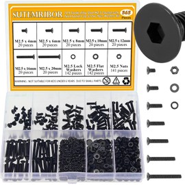 565 Pieces M2.5 Screws Nuts Washers Set Black, Sutemribor M2.5 x 4/6/8/10/12/16/20mm Countersunk Head Socket Cap Screws Nuts Washers Assortment Kit, 10.9 Grade Alloy Steel, Fully Threaded