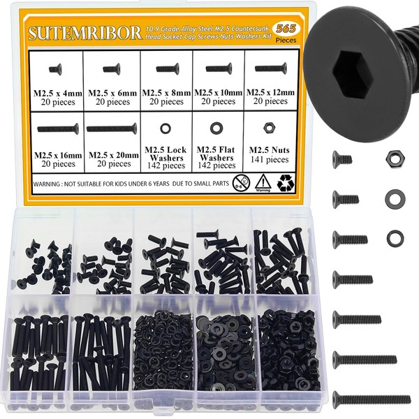 565 Pieces M2.5 Screws Nuts Washers Set Black, Sutemribor M2.5