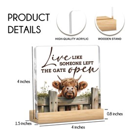 Highland Cow Sign Rustic Farmhouse Acrylic Plaque With Stand, Animal Office Kitchen Bedroom Desk Shelf Decor, Highland Cow Lover Gifts for Women Men Friend Coworker