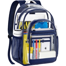 GEAMSAM Clear Backpack,17" Large Heavy Duty Transparent Backpack with Multi-pockets See Through Bag for College, Travel, Workplace Security - Navy