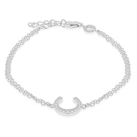 Tuscany Silver Women's Sterling Silver Rhodium Plated CZ Horseshoe Double Chain Bracelet - 17cm/6.5'- 19cm/7.5'