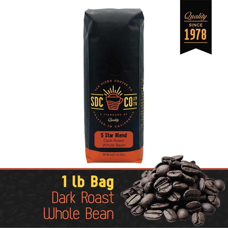 San Diego Coffee 5 Star Blend, Dark Roast, Whole Bean