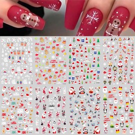 8Sheets Christmas Nail Art Stickers 3D Self Adhesive Christmas Nail Decals Santa Claus Snow Elk Snowman Gingerbread Man Design Winter Nail Stickers Snowflake Charms Nail Supplies for Holiday Manicure
