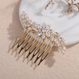 Kercisbeauty CZ Crystal Flower Sparkle Side Headpiece Wedding Bridal Gold Hair Comb Women Vintage Hair Accessories (Gold)