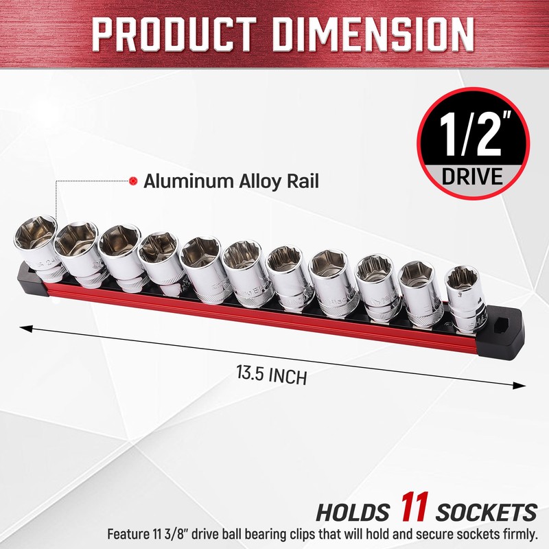 ALOANES 1/2-Inch Drive Magnetic Socket Organizer, Heavy Duty Aluminum Socket