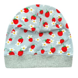 Wollhuhn Eco Lightweight Girls/Boys Beanie Hat Cuffs Elastic Transition Period Summer Children's Hat Cotton (Eco Fabrics, Organic) 22222235, Strawberries Grey/Red