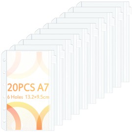 Caianwin A7 Binder Pockets, Pack of 20, 6 Holes Zip Folder, Waterproof Plastic Binder Pockets, Transparent Money Budget Envelopes, Budget Planner Accessories for Binder A7