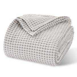 RENEWROOTS 100% Cotton Waffle Woven Queen Blanket for Bed, Soft Lightweight Jacquard Dual-Tone Textured Blanket, Fading Resistant 90" x 80" Gray