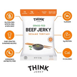 Think Jerky Sesame Teriyaki Beef Jerky, Grass-Fed High Protein Beef, Gluten Free, No Antibiotics or Nitrates, Healthy Chef Crafted Recipe, Low Calorie and Low Fat - 1.0 oz Bags, 12 Pack