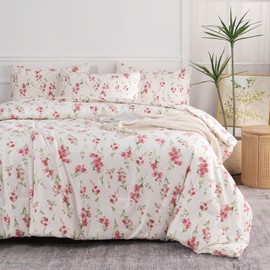 TISPLR Floral Comforter Set King Soft Bedding Comforter Set 3 Pieces Lightweight Garden Style Red Flower Print Botanical Flowers Comforter Set 1 Comforter and 2 Pillowcases (Floral, King)