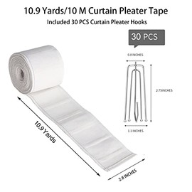 Curtain Pleat Tape, 10 Meters/10.9 Yards Pleater Tape for Curtains, Included 30 Pcs Stainless Steel 4 Prongs Curtain Pleater Hooks for DIY Pinch Pleat Curtain, White