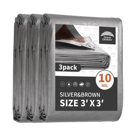 RAINDEWAY Small Tarps Heavy Duty Waterproof 3x3 Feet (3 Pack), 10Mil Multipurpose Poly Mini Tarp Cover with Metal Grommets and Reinforced Edges, Silver/Brown Tarp