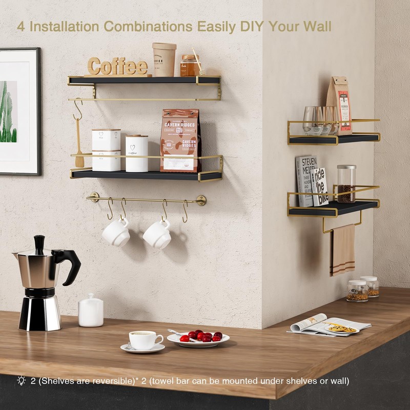 Forbena Black and Gold Floating Shelves for Wall, Bathroom Wall