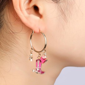 Hot Pink Enamel Gold Plated Western Cowgirl Boot Hat Dangle Drop Hoop Earrings for Women Boho Cowboy CZ Star Tassel Dangling Lightweight Hypoallergenic Fashion Trendy Jewelry for Party Christmas (Hot Pink, One size)