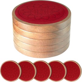 EDEGG Wood Coasters for Drinks, Absorbent Coaster Sets of 5, Drinks Coasters for Coffee Tabletop Protection, Non-Slip, Non-Stick, Suitable for Kinds of Cups Wooden Table Drink, 4.3 Inches Red