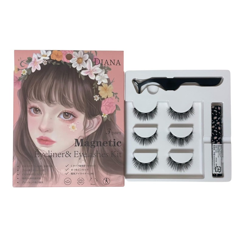DIANA False Eyelashes, Magnetic Type, Starter Kit, 3 Types, Sweat