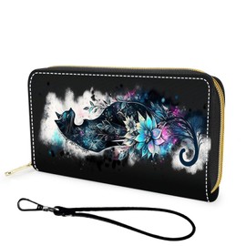 FGDRFGRW Wallet,Large Capacity RFID Blocking Leather Wallet, Durable Smooth Zipper Clutch,Unisex Travel Wallet for Cards,Cash,and Coins, FBA-Black Cat and Flowers, Casual
