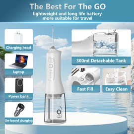 Portable Cordless Water Dental Flosser Teeth Pick 300ML Rechargeable Oral Irrigator with 4 Modes, IPX7 Waterproof,Powerful Flossing for Gum Care, Braces, and Deep Cleaning (White)