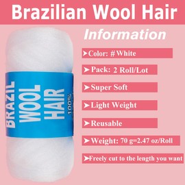COOKOO 2 Roll White Brazilian Wool Hair Acrylic Yarn for Sengalese Twists Crochet Hair Jumbo Braids Faux Locs Box Braid Knitting Braids Crochet Synthetic Hair Extensions for Women 70G/Roll(White#)