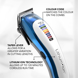 Wahl Colour Pro Cordless Clipper, Lithium Head Shaver, Cordless Hair Clipper, Men's Hair Clippers With Colour Coded Length Guides, Family Hair Cuts, Professional Quality, Home Haircutting Kit