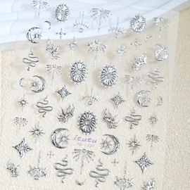 2 Sheets Gold Nail Art Stickers Silver Nail Stickers 5D Embossed Star Nail Decals Self Adhesive Sun Moon Nail Art Supplies for Women Girls DIY Manicure Nail Art Decorations